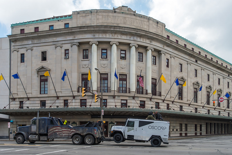 film truckes outside Eastman Theatre