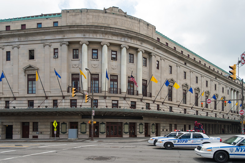 police cars and Spidey outside Eastman Theatre