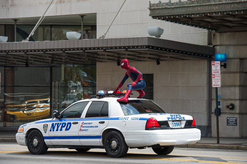 police cars and Spidey outside Eastman Theatre