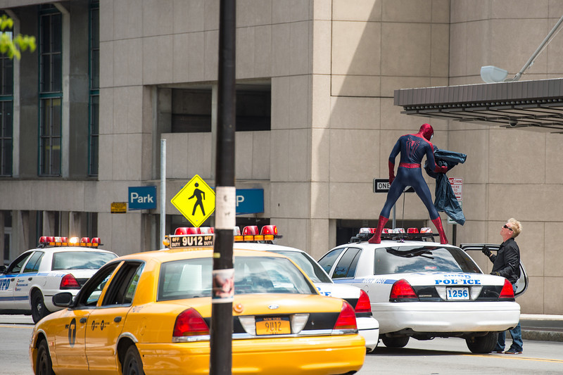 police cars and Spidey outside Eastman Theatre