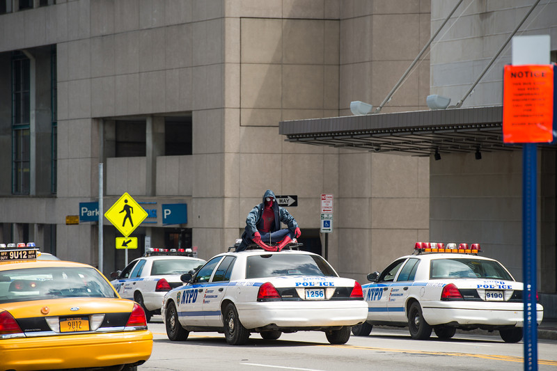 police cars and Spidey outside Eastman Theatre