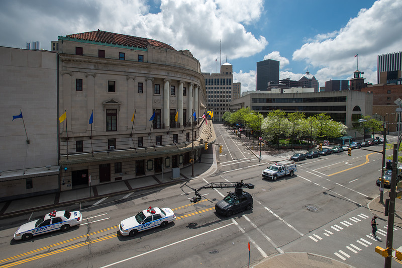 police cars and Spidey outside Eastman Theatre