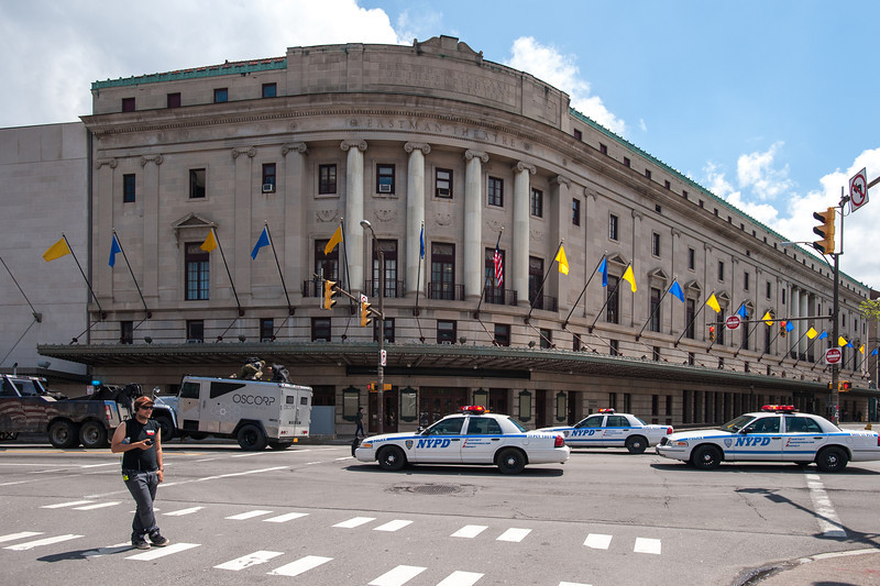 police cars and Spidey outside Eastman Theatre