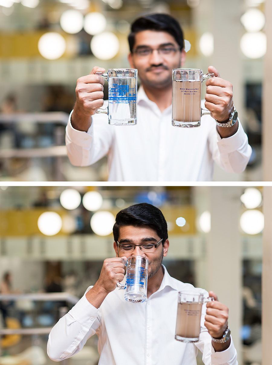two photos of Muhammad Miqdad holding up a glass of clean water and a glass of dirty water, and then drinking from the glass of clean water