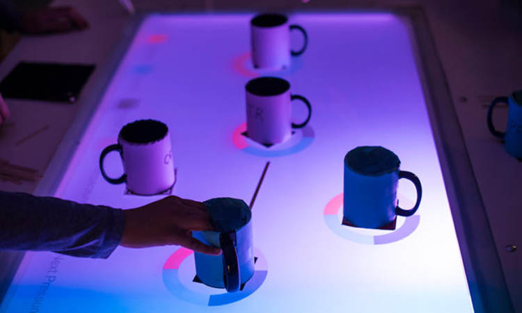 An augmented reality table built by Chemical Engineering PhD student in Andrew White's lab Rainier Barrett in Wegmans Hall, is pictured January 26, 2018.  The project is to develop an interactive augmented reality platform that lets students simulate the reactions that occur in a chemical plant.