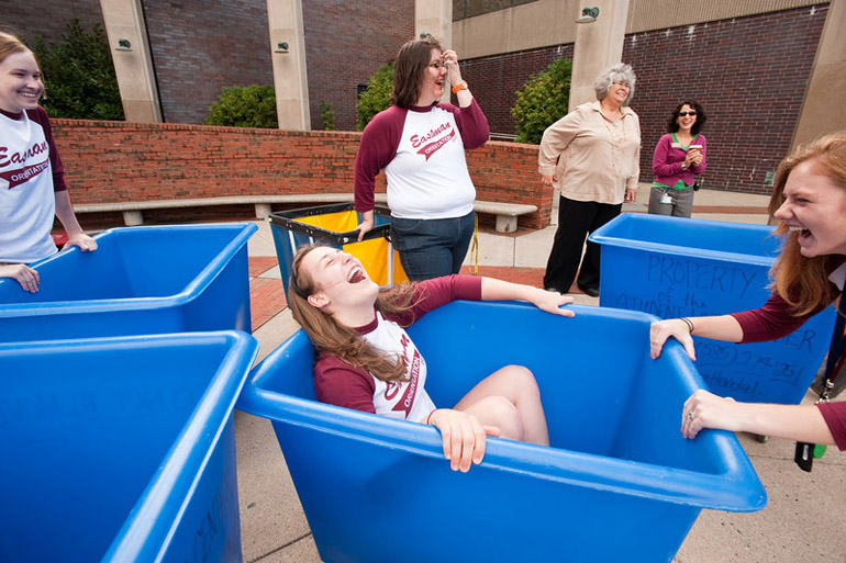student play with move-in bins