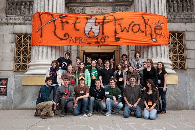 Art Awake organizers outside bank