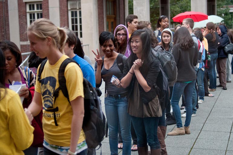 students waiting in line