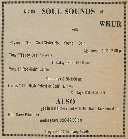 ad from Campus Times lists WRUR shows under the heading DIG THE SOUL SOUNDS OF WRUR