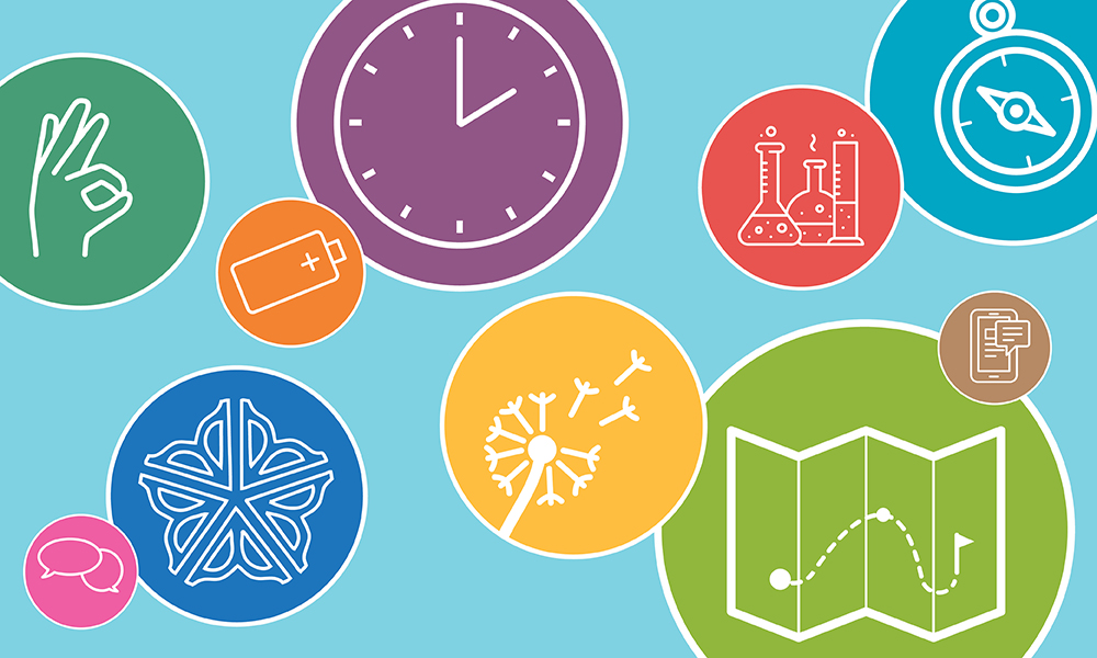 decorative image of icons representing different types of tips, like a clock to represent managing time