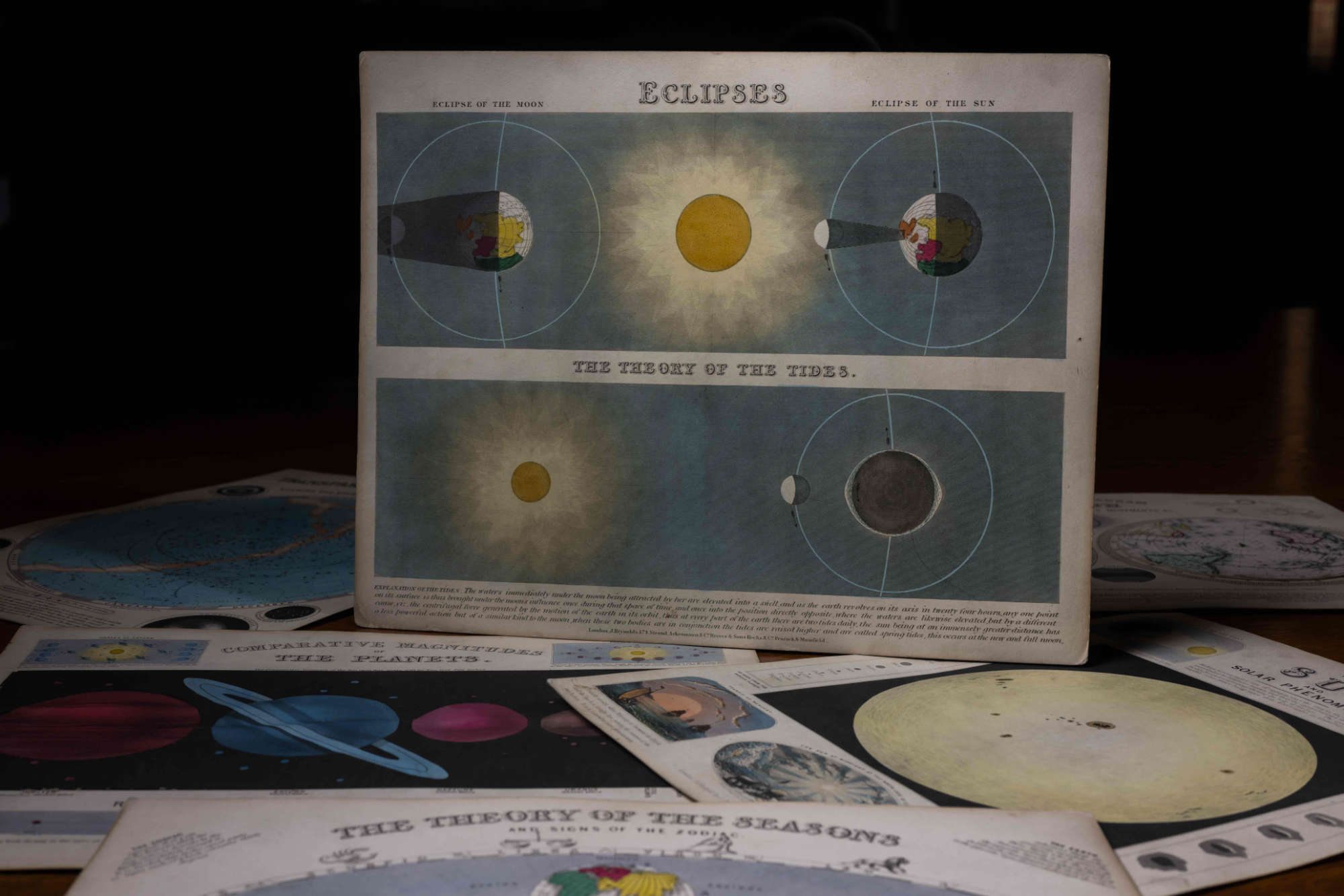 Several pictures containing colorful depictions of geology, history, planets, and other astronomical phenomena were laid flat on a table and a picture about eclipses was displayed vertically.