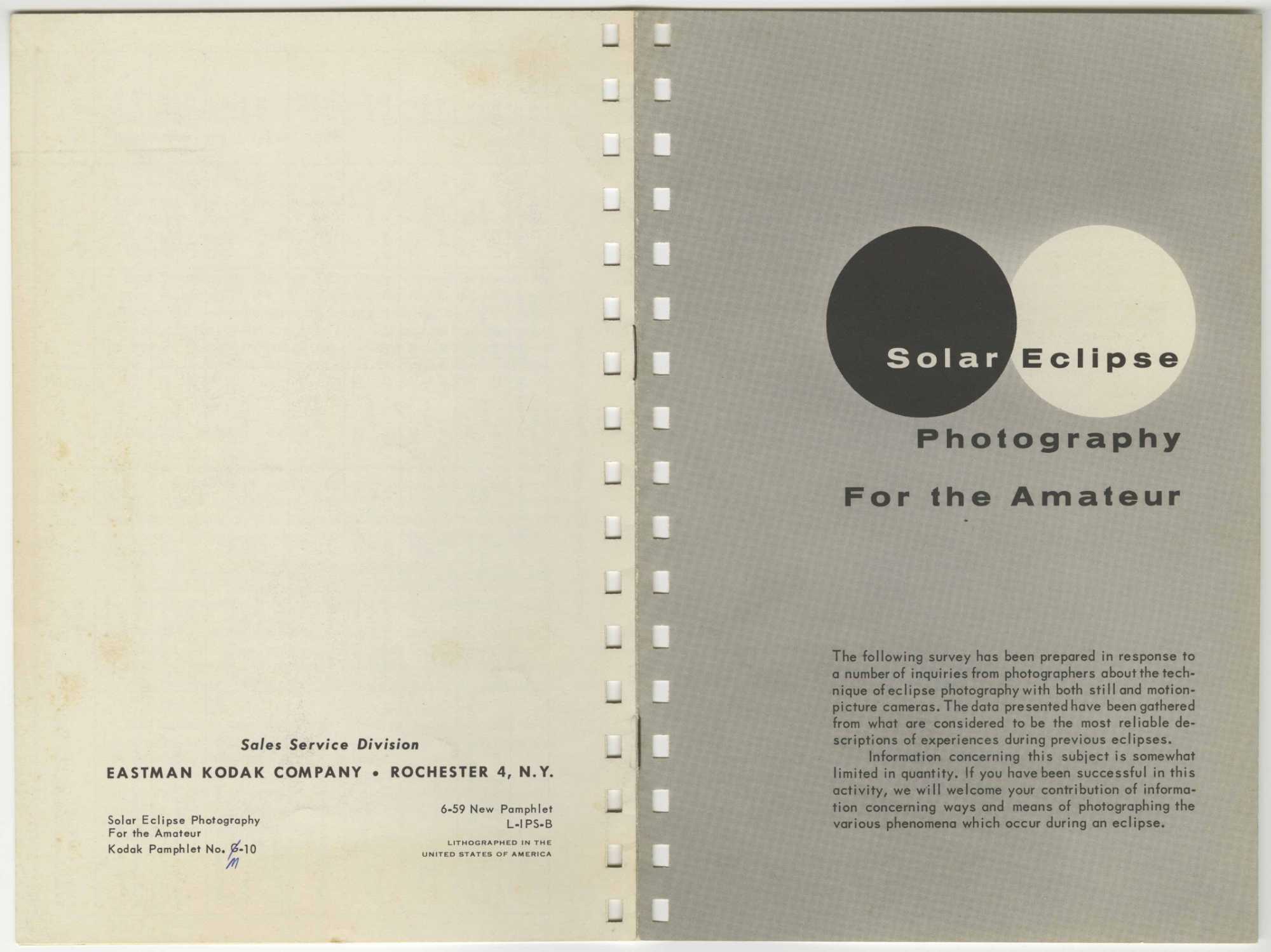 Front and back covers of a black and white pamphlet produced by the Eastman Kodak Company about solar eclipse photography.