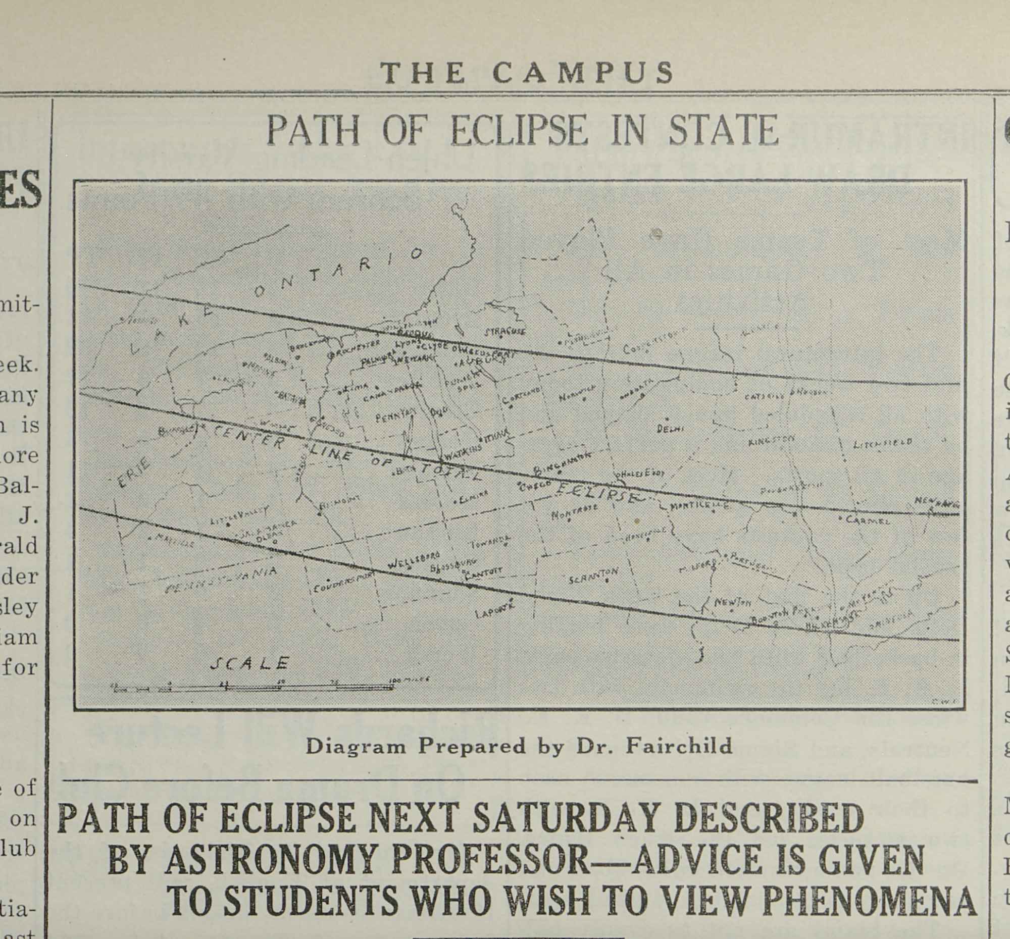 Crop of newspaper article in "The Campus" student newspaper showing a headline and illustration about the path of the 1925 eclipse.