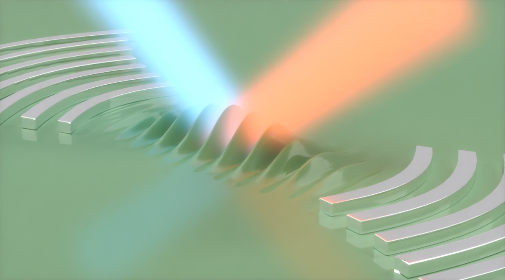 Illustration of acoustic sound waves shows a blue light and an orange light meeting on a surface and producing waves rippling out.