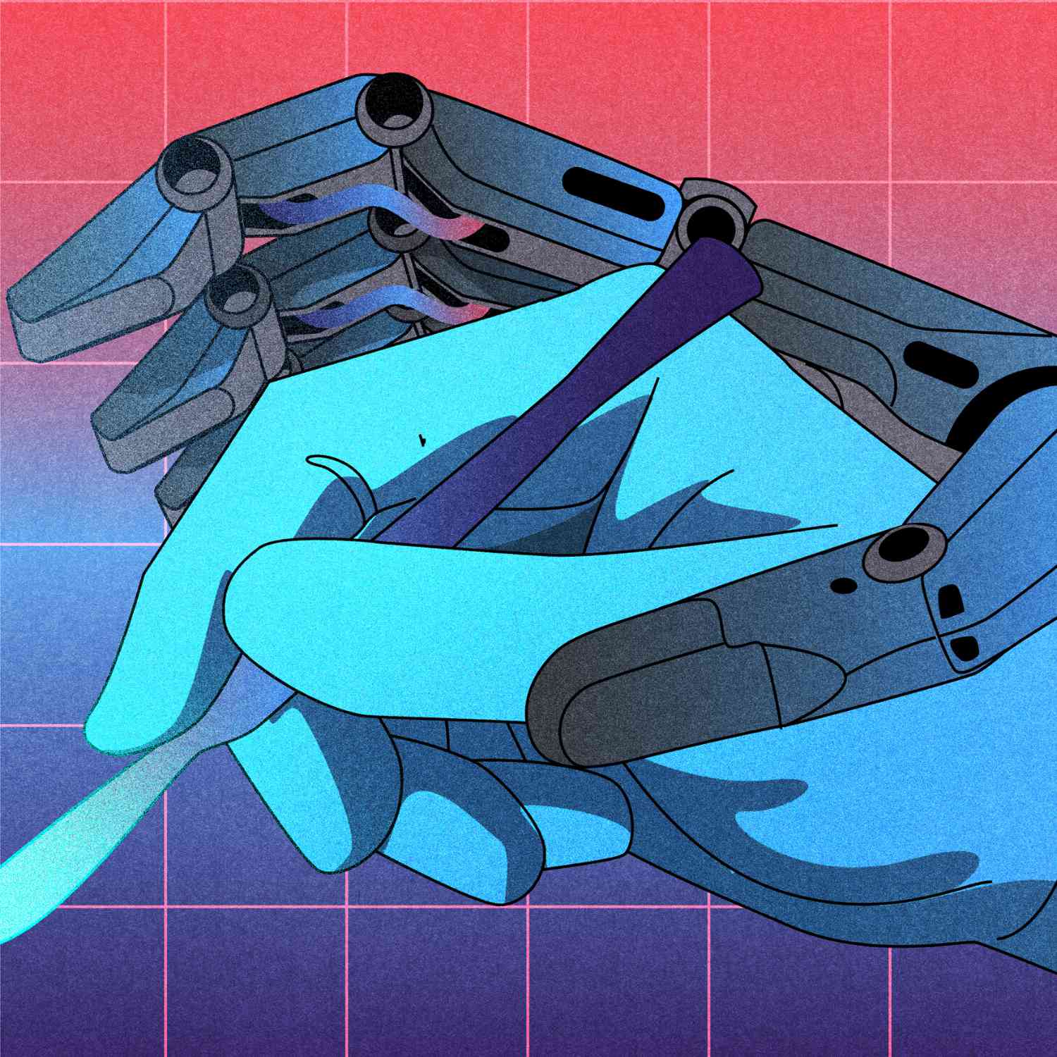 Illustration of a gloved hand wielding a scalpel being guided by a robot hand against a background with a grid on it to show the concept of artificial intelligence (AI) in medicine and health care.