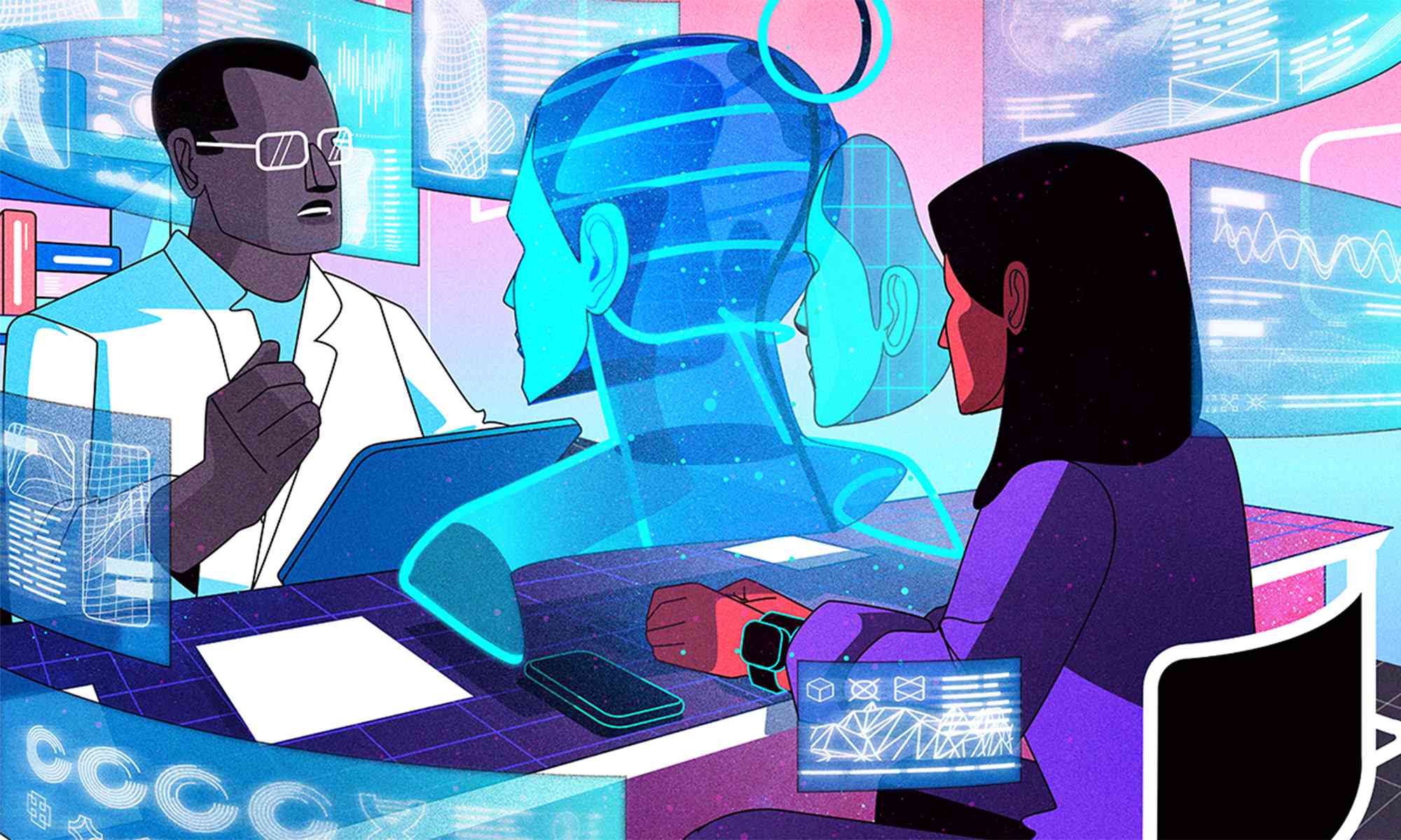 Illustration of a medical professional at a table chatting with a digital avatar of a person on the other side of the table with various screens floating in the background to depict artificial intelligence (AI) in medicine and health care.