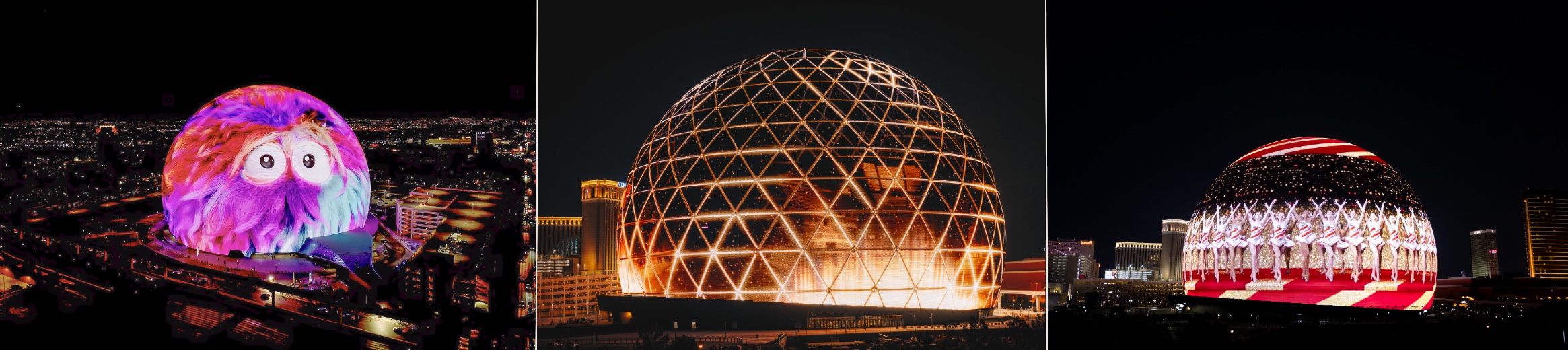 Three exterior images of Sphere in a row--one as fuzzy ball, one showing interlocking triangles, and one showing Rockets.