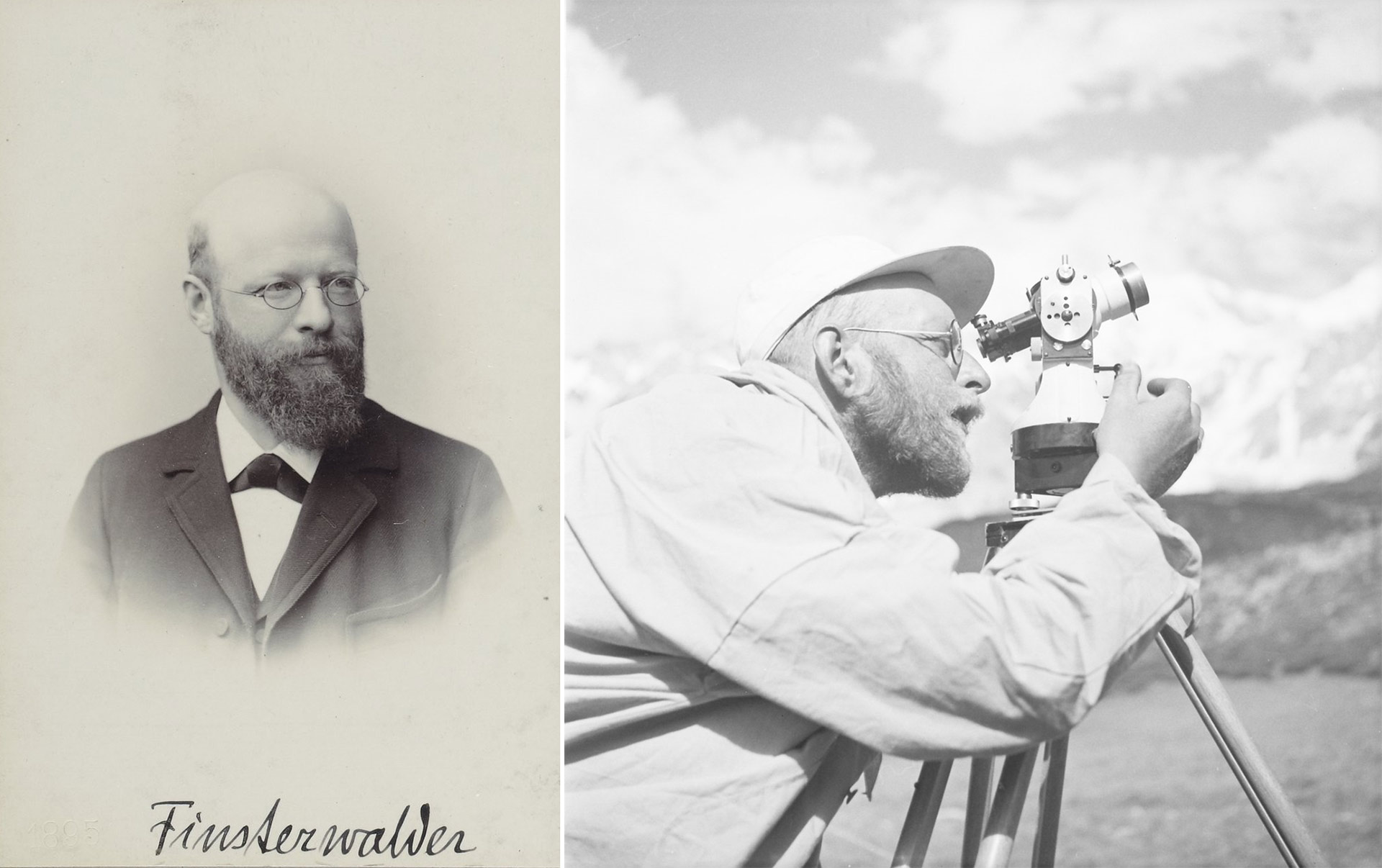 Archival photos of two men, one posed for a formal portrait and one looking throug a surveyer instrument.