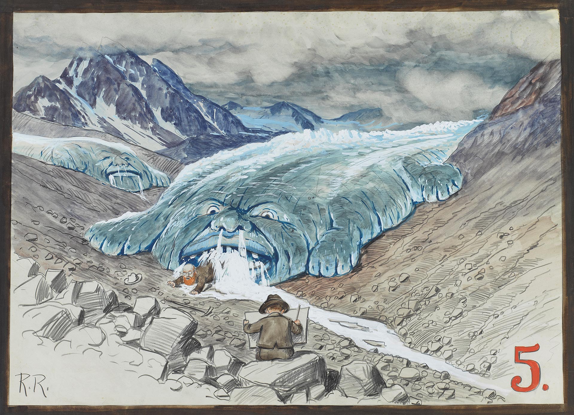 An historical political cartoon of a glacier made to look like a dragon that is swallowing up people in its path.