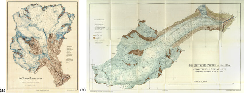 Archival images of two maps side by side, showing a glacier in large scale with contour lines to show elevation. Text of the maps is in German, including the map titles Der Vernagtferner im Jahre 1889 1 and Der Hintereisferner im Jahre 1894.