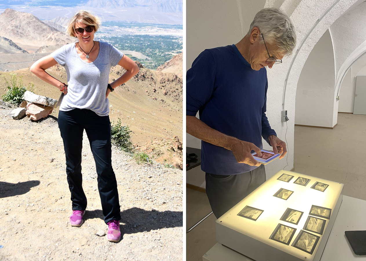 two photos side by side, one of a researcher standing on a mountain with her hands on her hips, and the other of another researchers looking down at historical images on a light table. 