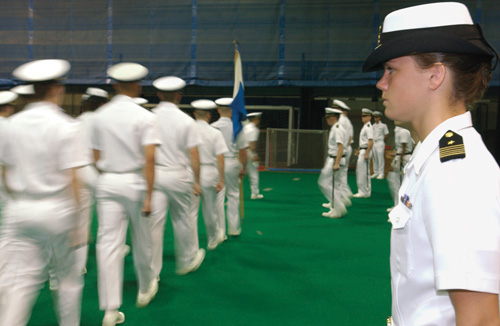 Commanding: “We encourage cadets and communicate with them,” Regan says of her rol as battalion commander of NROTC at Rochester for the 2002–2003 year.