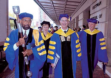 University Marshal Jesse Moore, Frederike Seligman, Seligman, and G. Robert Witmer Jr. ’59