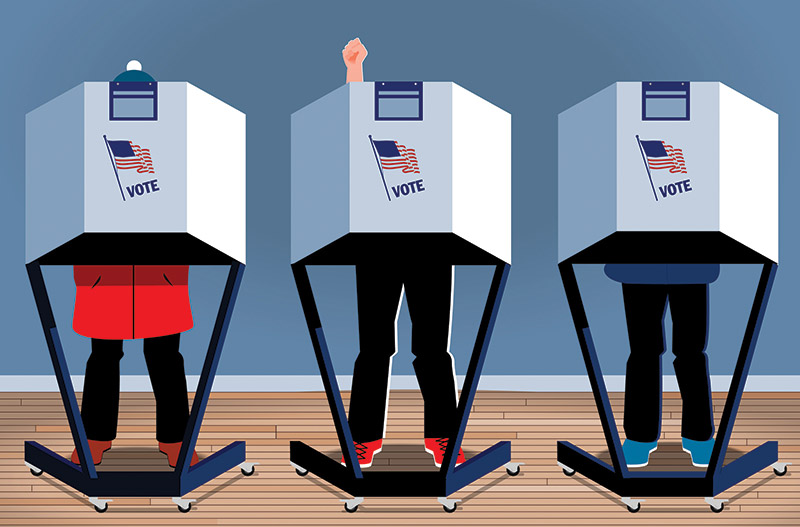 illustration of voters and booths, including one with arm raised