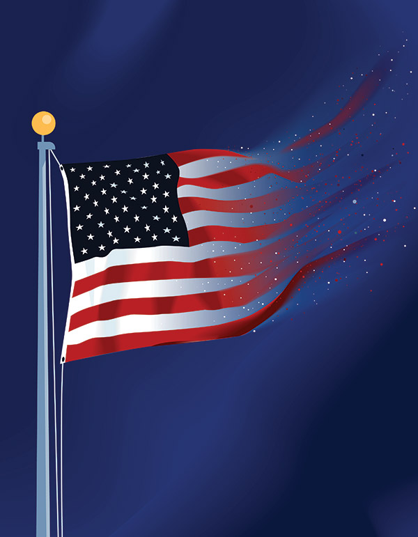 illustration of American flag fraying into motes
