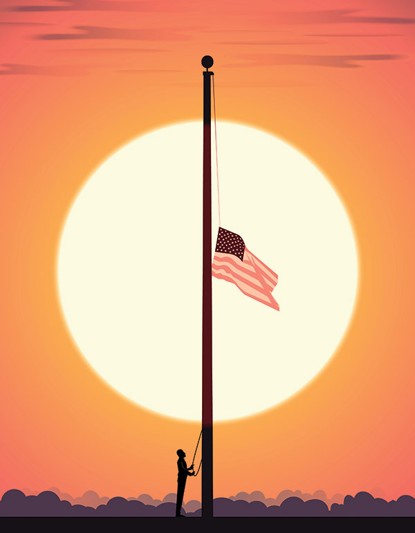 illustration of American flag half-way up a flag pole
