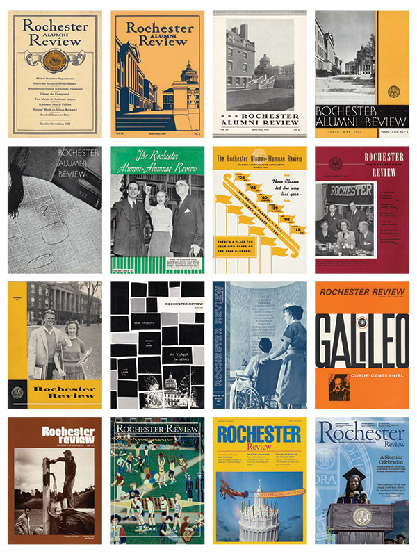 collection of images of covers from the University of Rochester's alumni magazine Rochester Review
