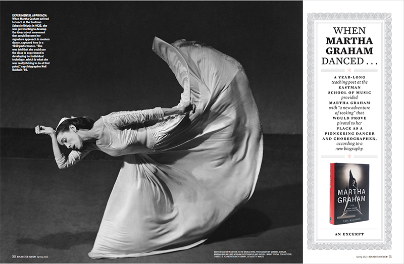photo of pages from the University of Rochester's alumni magazine showing a feature story about Martha Graham at Eastman