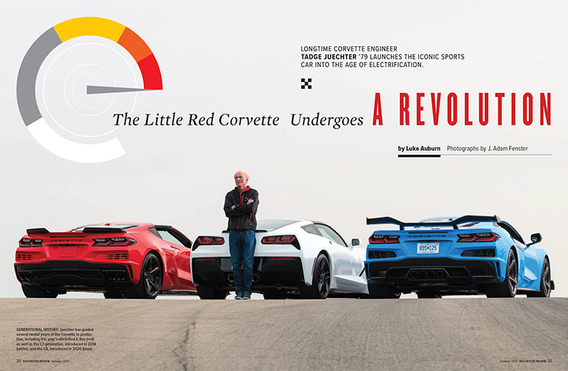 photo of pages from the University of Rochester's alumni magazine showing a feature story on Corvette engineer Tadge Juechter