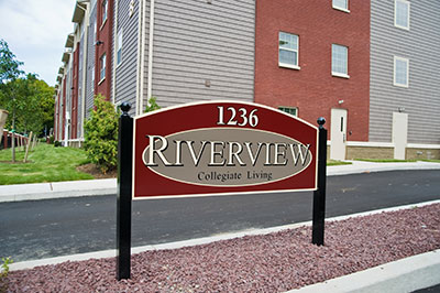 An exterior view of Riverview Apartments.