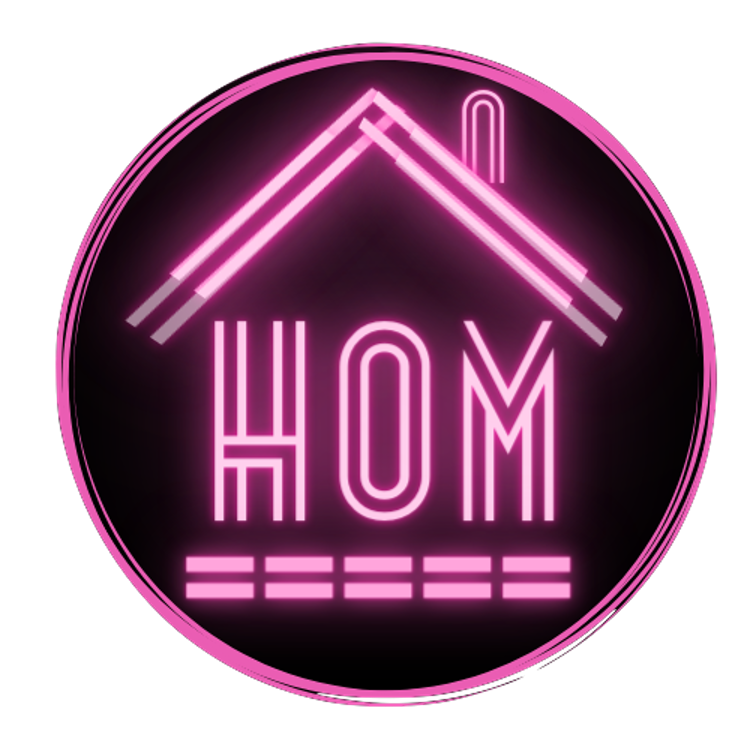 HOM logo of a neon outline of a house.