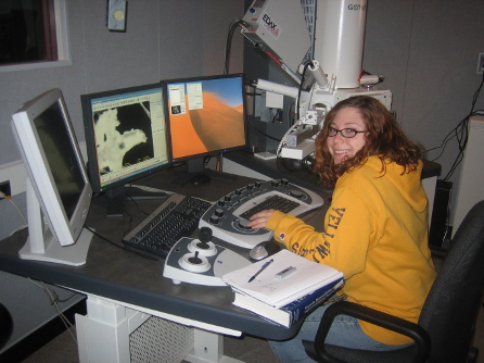 A student working at a computer.
