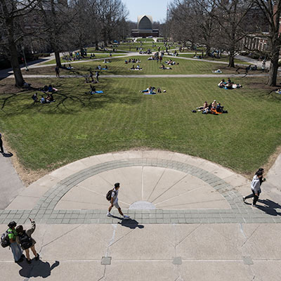 An aerial view of Eastman Quad on a sunny day.