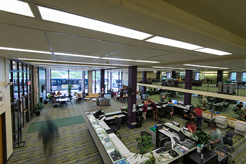 An overhead view of the IT Center in University of Rochester's Rush Rhees Library.