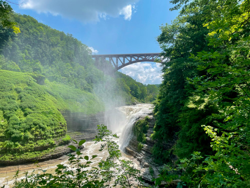 A distance view of a train bridge spanning across a river.