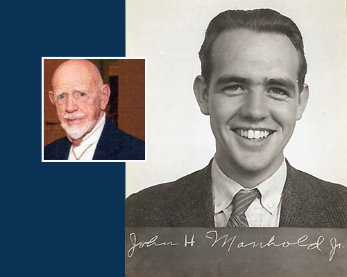John Manhold headshot from college days and present day photo