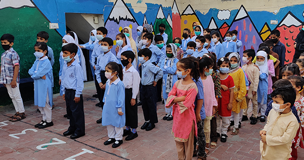 School assembly of young kids in Pakistan