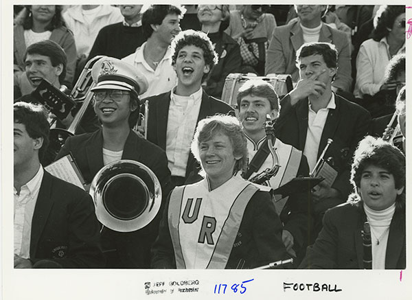 A black and white photo of the Yellowjacket marching band members from the 1980s