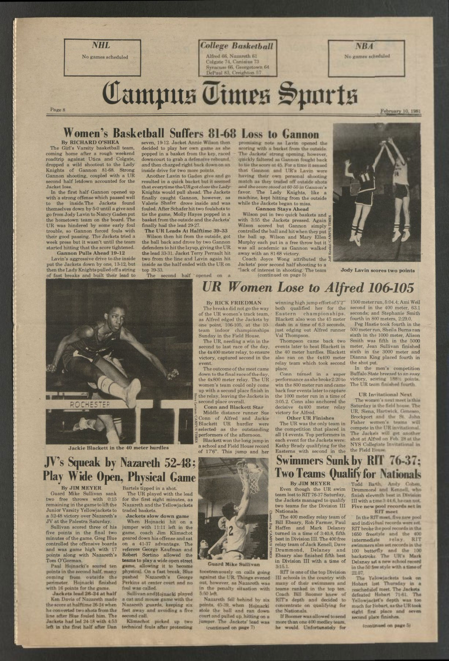 A scan of an article featuring Jackie Blackett ’81 from Campus Times on February 10, 1981.