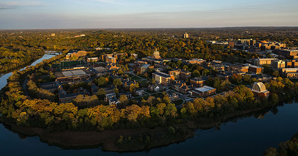 Aerial view of University of Rochester's River Campus.