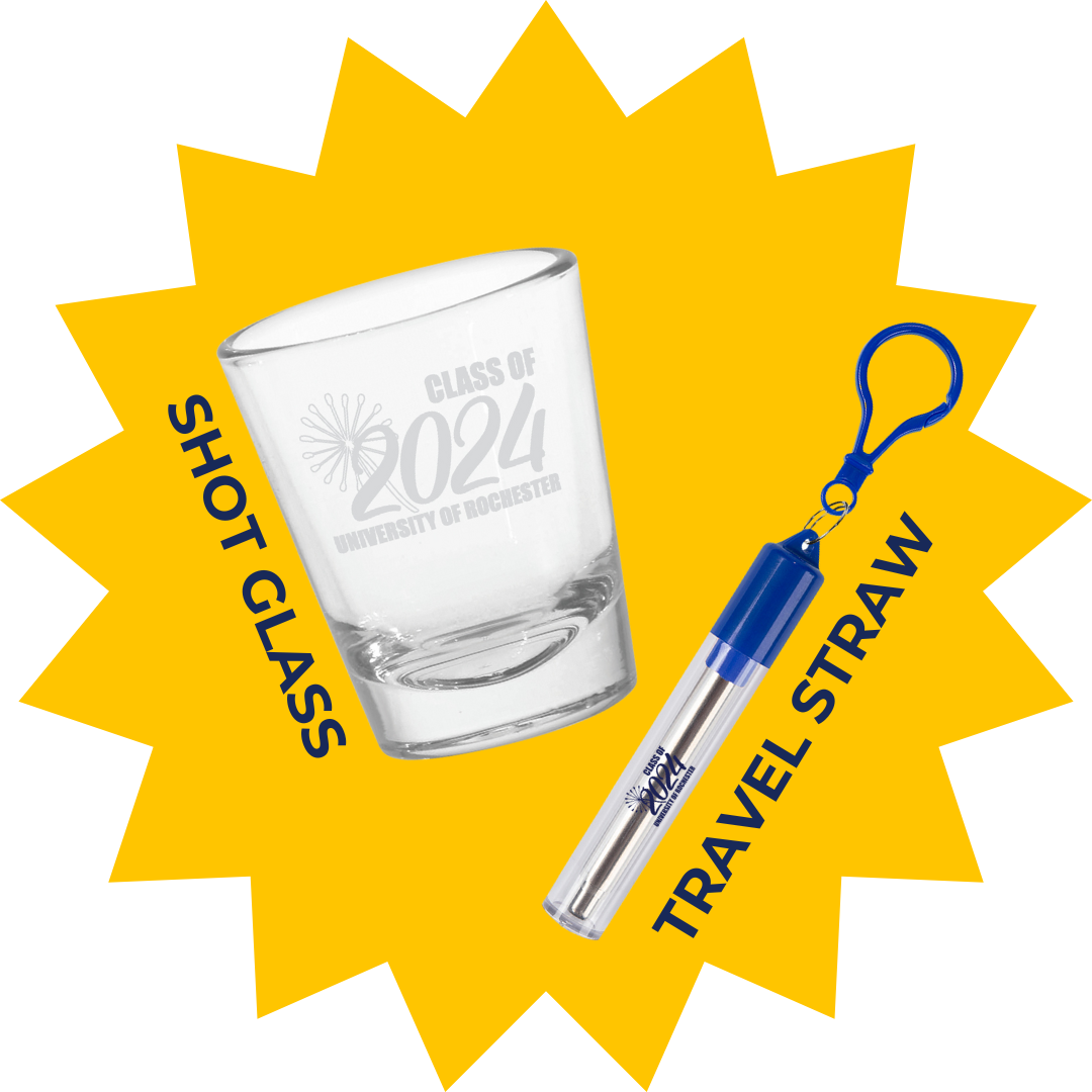 image of a university of rochester branded shot glass and travel straw