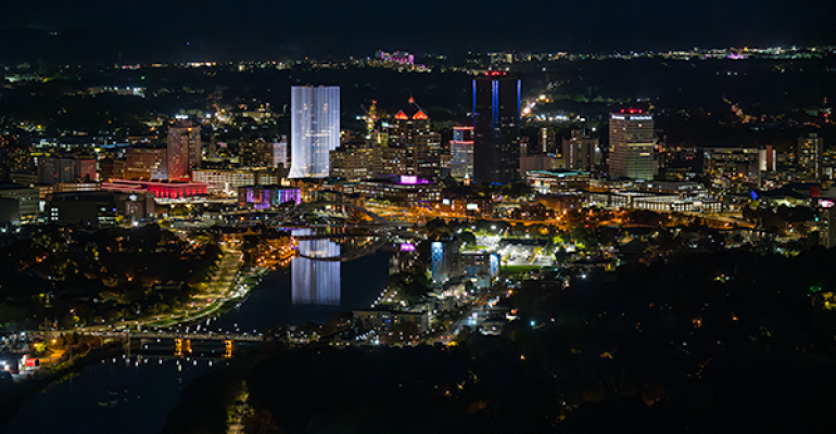 Aerial view or downtown Rochester at night