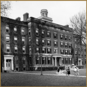 Black and white photo of exterior of Monroe Hall