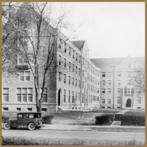 black and white photo of exterior of first residence halls