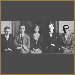 black and white image of five students in original graduate program