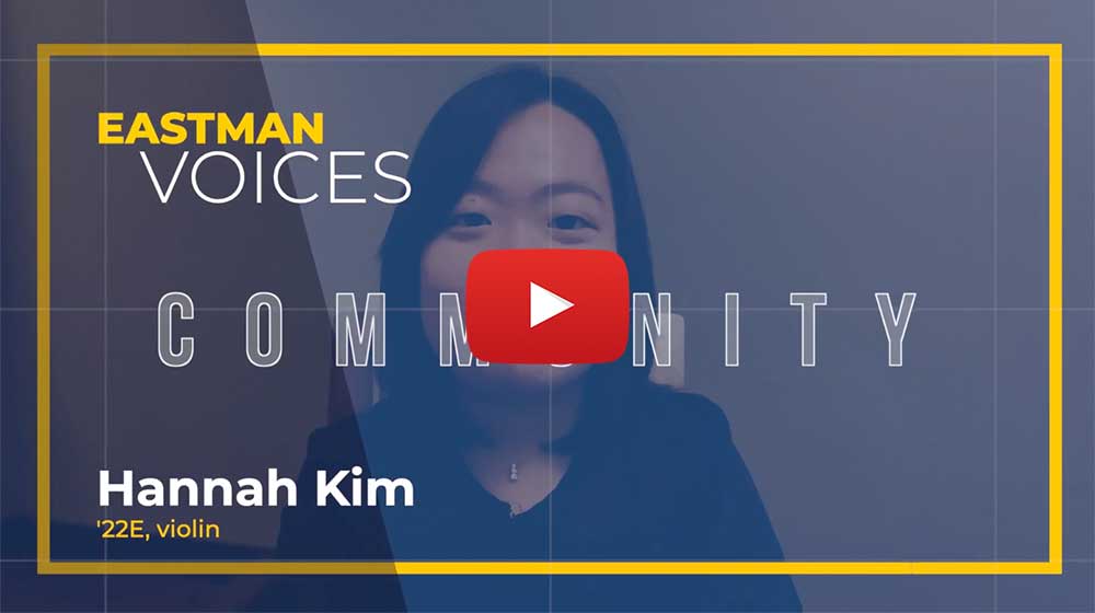 Hannah Kim in the background of a blue overlay Eastman Voices Community title